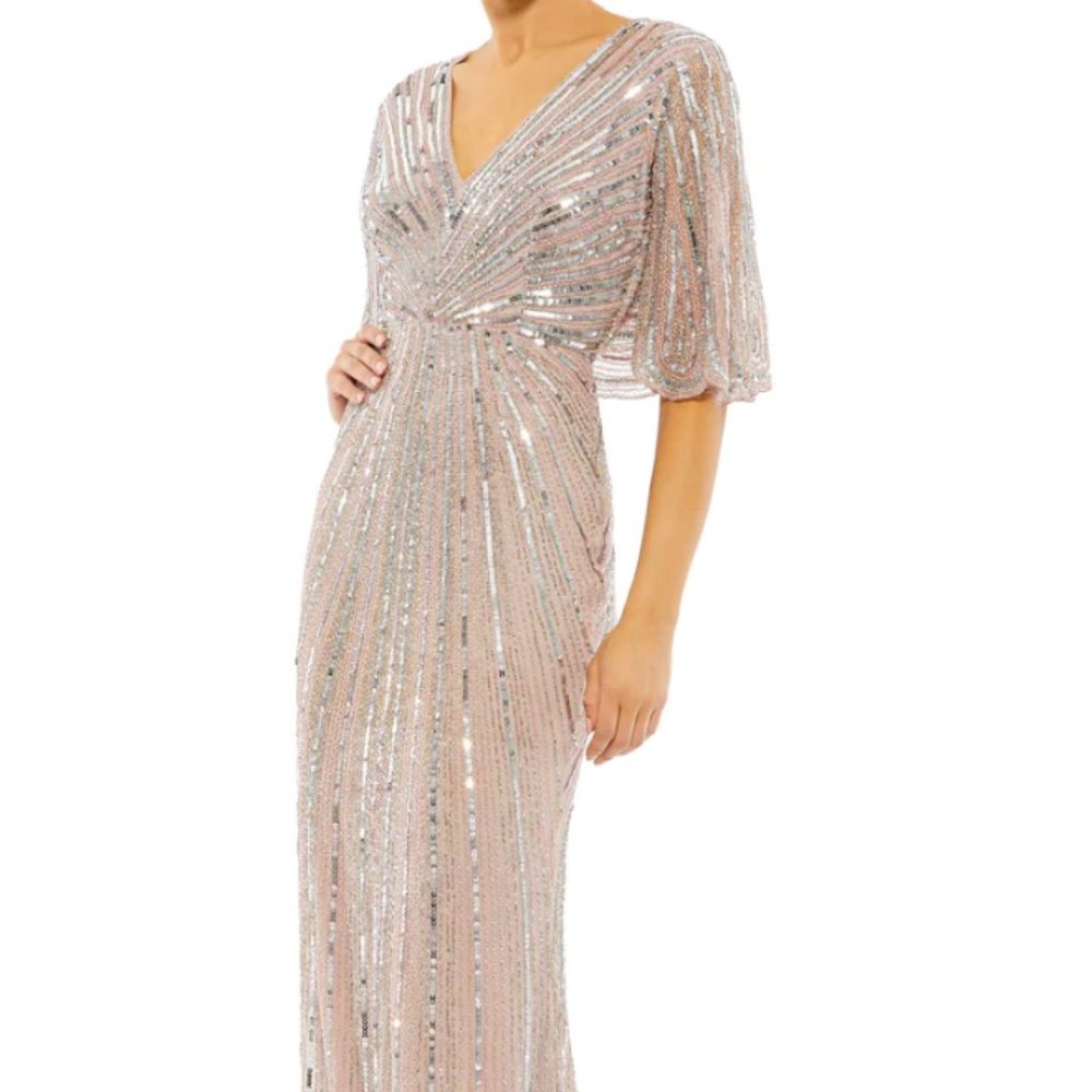 $700 Mac Duggal Sequined V Neck Cape Sleeve Column Gown - Vintage Rode - Size 14